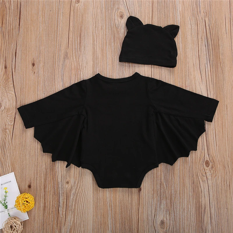 

Babys Halloween Suit, Cartoon Printing O-Neck Batwing Sleeves Rompers Top + Pure Black Hat with 2 Ears Outfit Toddler Boy, Girl