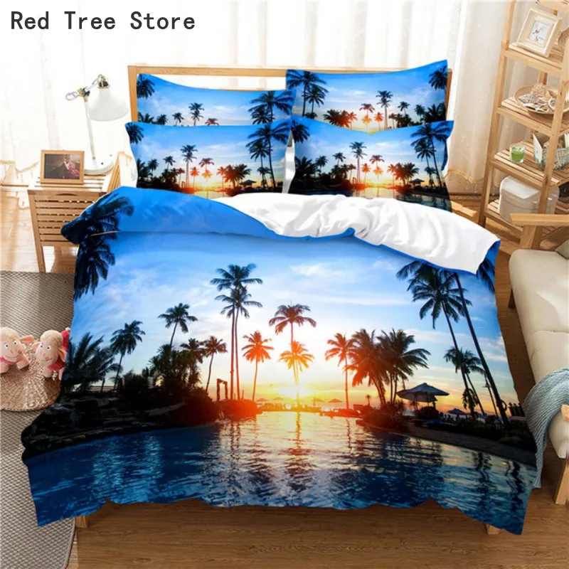 

Coconut Palm Tree Scenery Bedding Set Sky Lake Modern 3d Duvet Cover Comforter Adult Child Bed Linen Twin Queen King Single Size