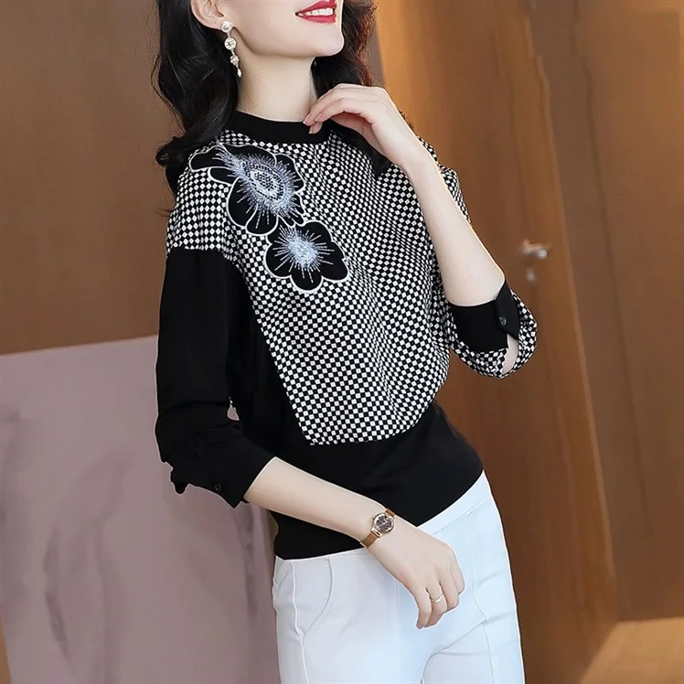 

Клетчатая женская блузка с длинным рукавом, Женские топы и блузки с аппликацией, женская рубашка, высокое качество, Roupa Feminina, шифон, ropa mujer