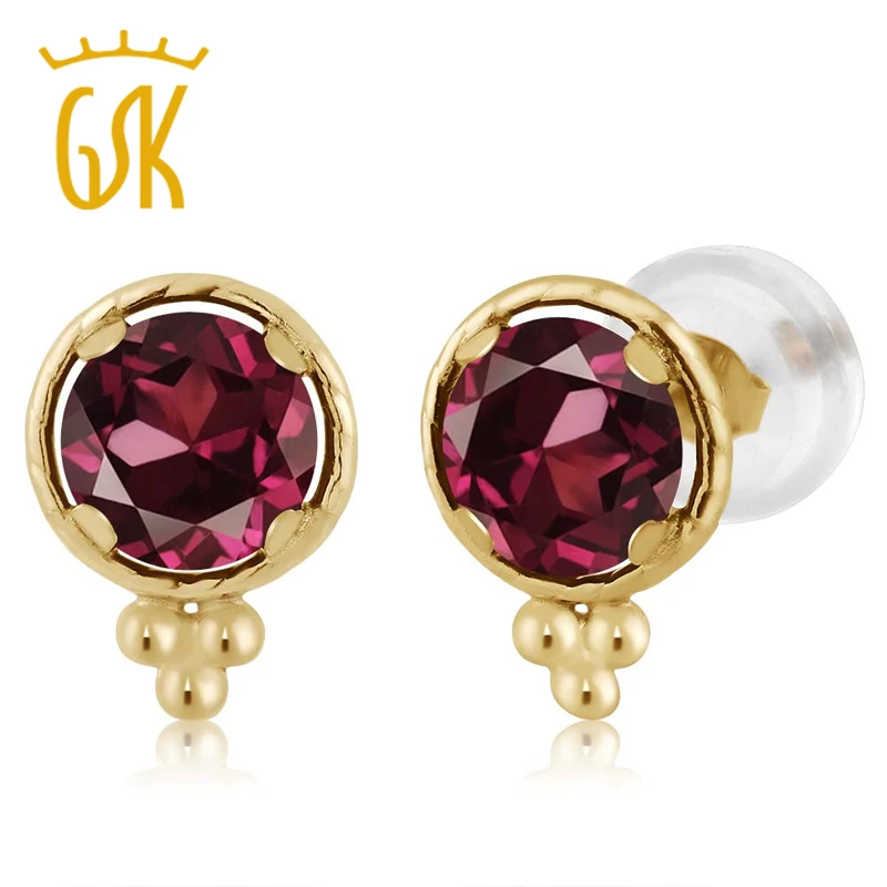Золотые серьги GemStoneKing 1 28 карат круглые 5 мм натуральный красный родолит ГРАНАТ 14