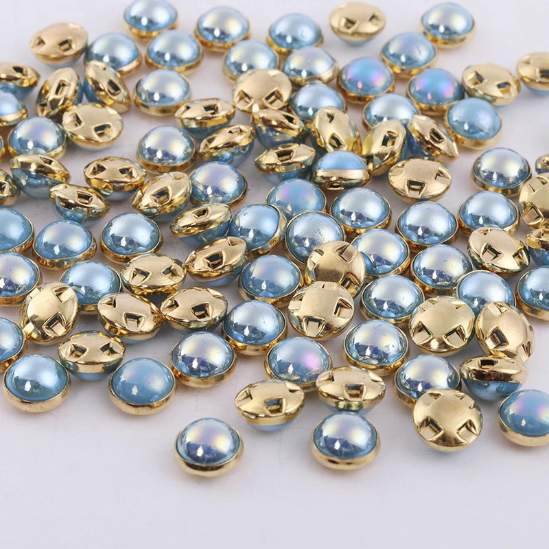 Gold Cyan-Blue AB Жемчужные бусинки высшего класса, Цвет Небесно-Голубой, AB 6 мм, 8 мм, разноцветные стразы, стразы для шитья, пуговицы для одежды из ткани - Цвет: Gold Cyan-Blue AB