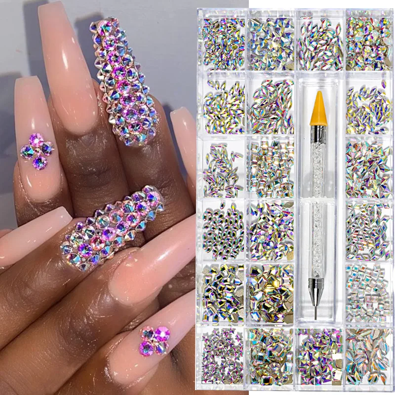 

3D Shiny Nail Art Rhinestones AB Crystal Irregular Gems Mixed Size Flatback Double-point Drill Pen Nail Decoration Accessories