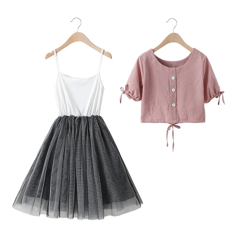 

Children Clothing Set for Girls Summer Baby Girl Outfits Striped Shirts+ Mesh Patchwork Sling Dress 2 Pcs Kids Clothes