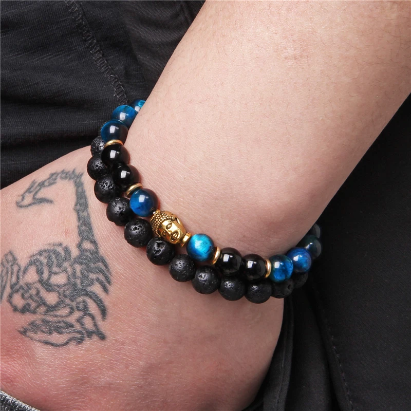 Браслет из вулканической лавы 8 мм 2 шт./компл. Золотая подвеска в виде головы