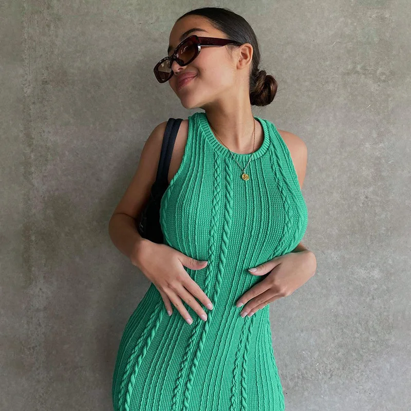 New Summer Solid Color Knitted Sleeveless Round Neck Dress Women Outfits Streetwear Clubwear Casual Urban Bodycon Tank Dresses