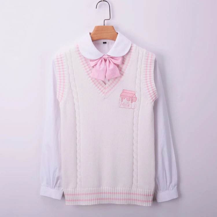 

Свитер JK, жилет с v-образным вырезом, милый белый, розовый, молочный, японский, Kawaii, вышитый узор, шикарная школьная форма для студентов, пулов...