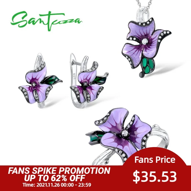 

Женский комплект украшений SANTUZZA, элегантное кольцо и сережки из серебра 925 пробы с эмалью и розовым цветком ручной работы, модные ювелирные ...