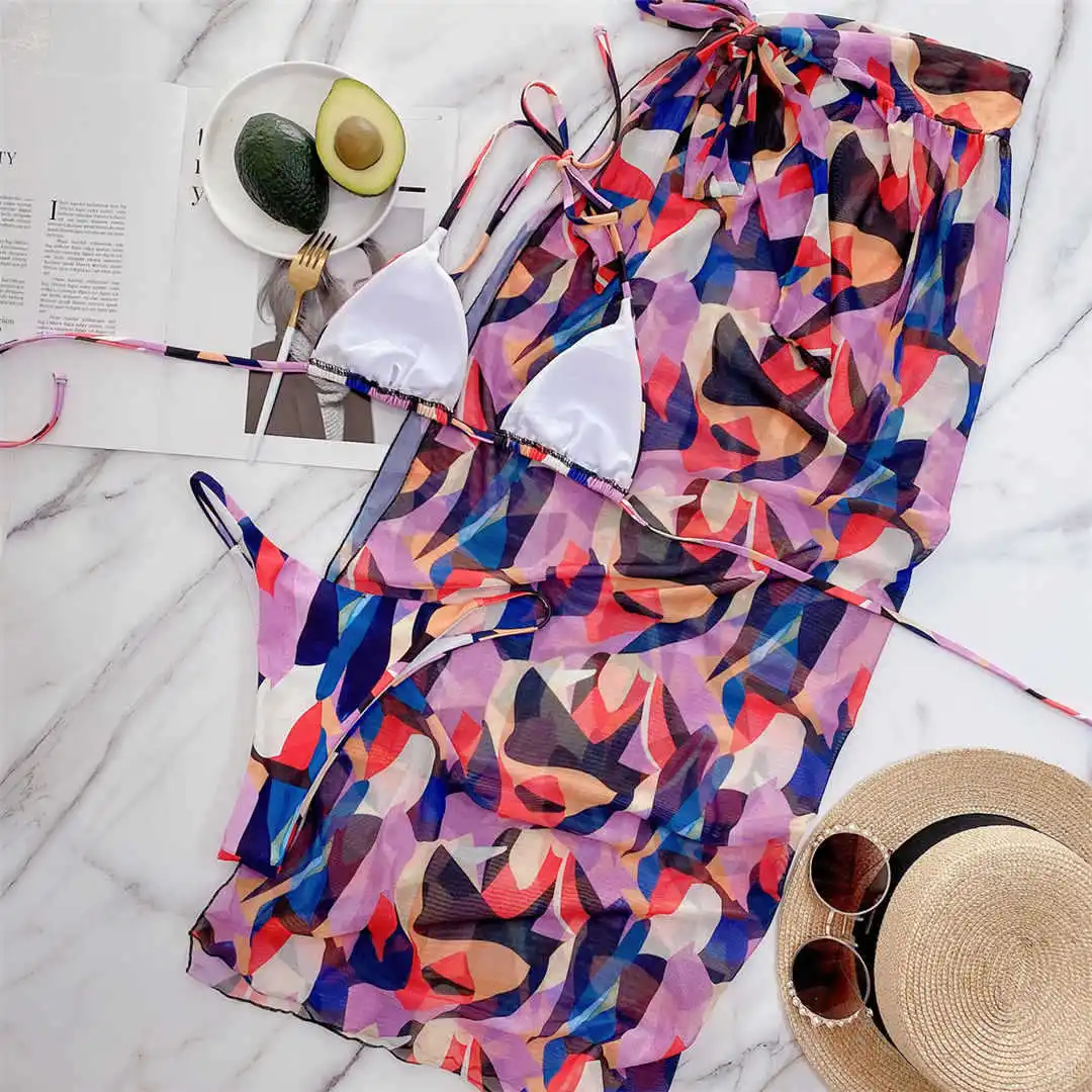 

New Cube Printed Halter Bikini Female Swimsuit Women Swimwear Three-pieces Bikini set With Sarong Bather Bathing Suit Swim K2804