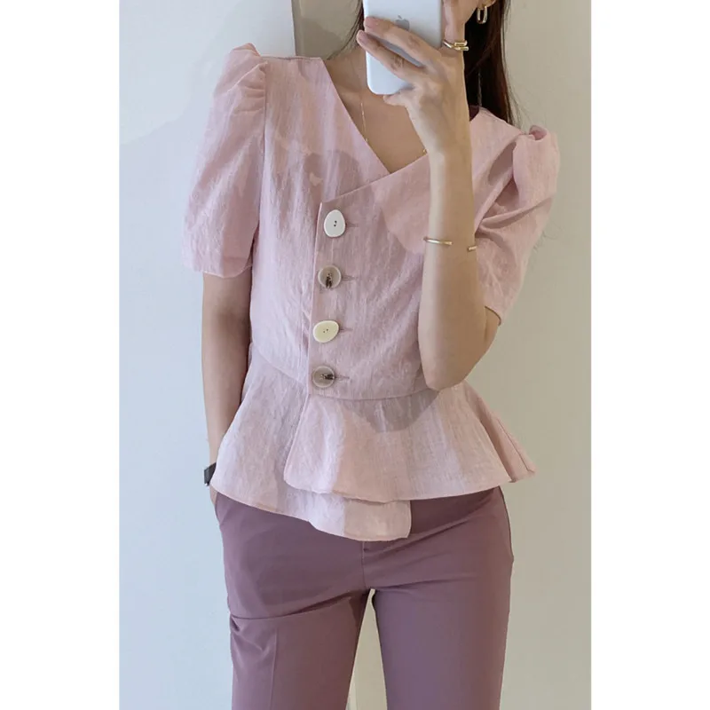 

2021 New Ladies Fashion Retro Diagonal Buckle Casual All-Match Blouse Shirt