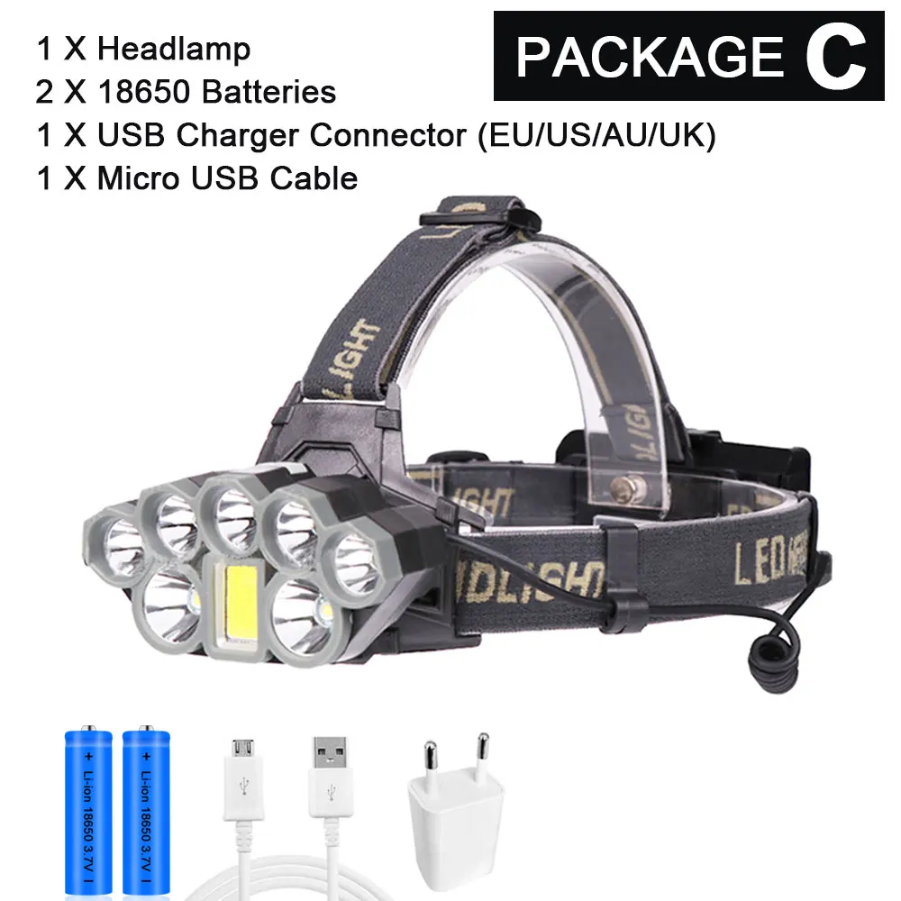 Package C Супер яркий 8 светодиодный налобный фонарь 2* T6+ 5* Q5+ COB светодиодный Перезаряжаемые светодиодный налобный фонарь 18650 Батарея Мощный USB Зарядное устройство фар - Испускаемый цвет: Package C