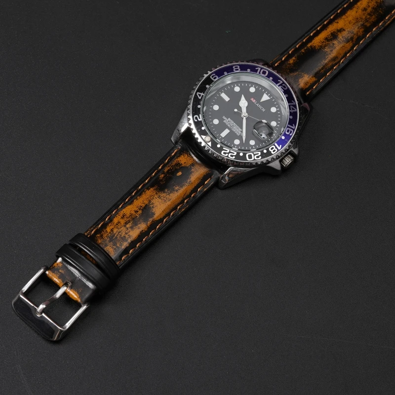 Ремешок ручной работы из натуральной кожи для Mido DW Seiko Черный Желтый Янтарный