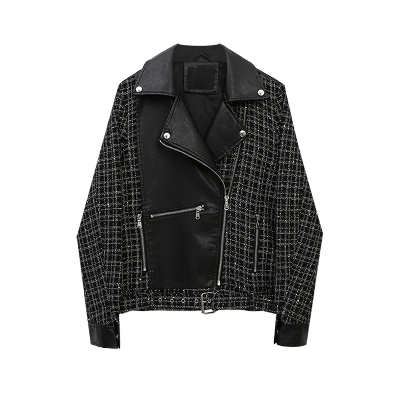 

2021 New Spring Crude Tweed Splicing PU Leather Coat Women Korean Casual Motorcycle Jacket Female Loose Clothes Streetwear H1251
