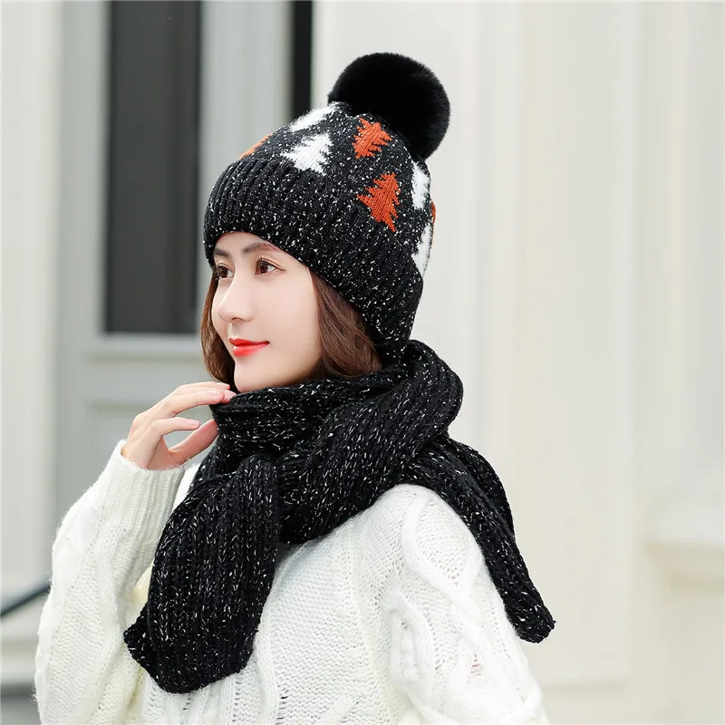 2019 новая шерстяная вязаная зимняя шапка шарф набор женские толстые хлопковые