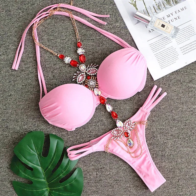 High Quality 2020 NEW Women sexy pink Beading bikini Bodysuits Bandage swim suit Knitted biquini wholesale