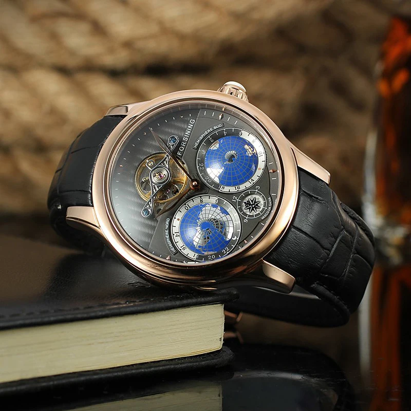 Для мужчин s часы люксовый бренд Топ FORSINING Tourbillon автоматические механические наручные часы Уникальный дизайн теллурион узор кожа