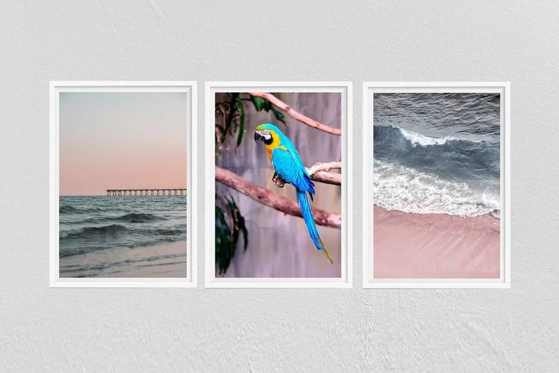 Pink Coast Parrot Tropical Beach Art Oil On Canvas Print Interior Art Deco