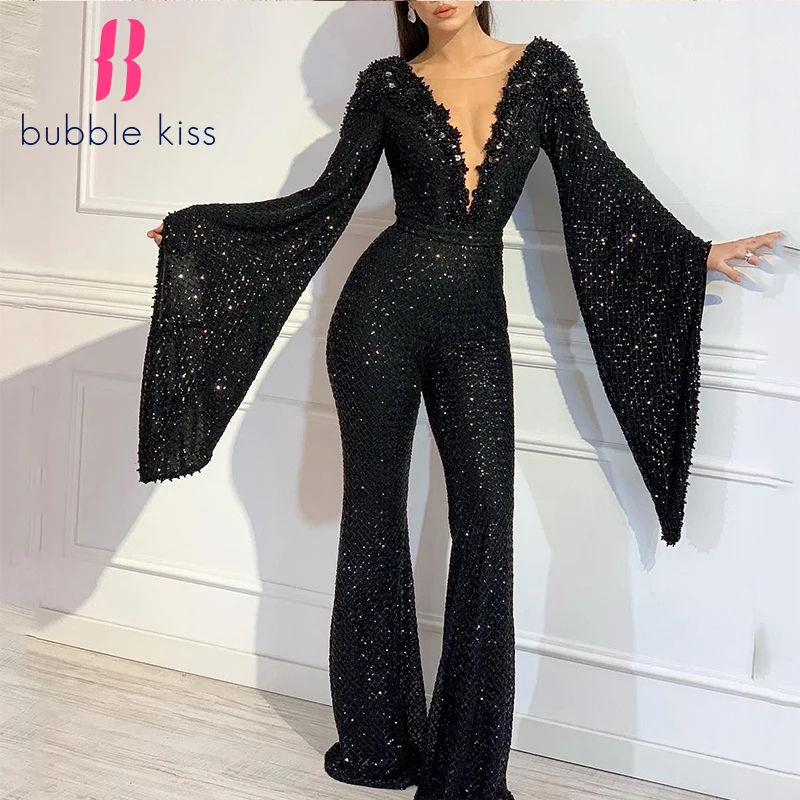 Женский Повседневный комбинезон с блестками черный глубоким v образным вырезом