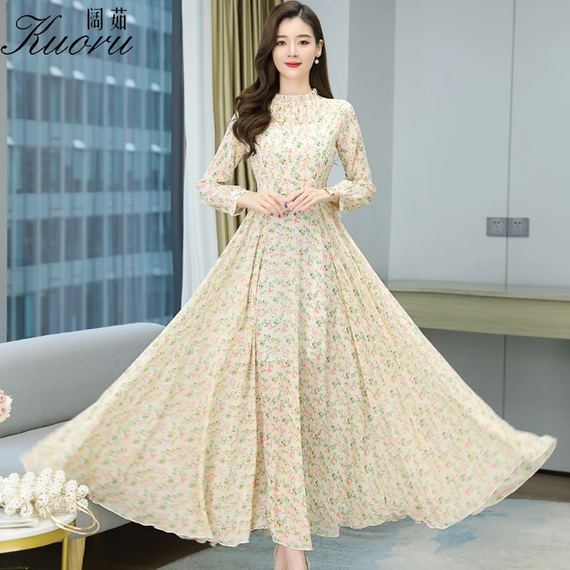 

Women Purple Chiffon Long Sleeve Dress Autumn Blue Plus Size Casual Robe Boho Floral Pink Stand Up Collar Spring Vestidos Largo