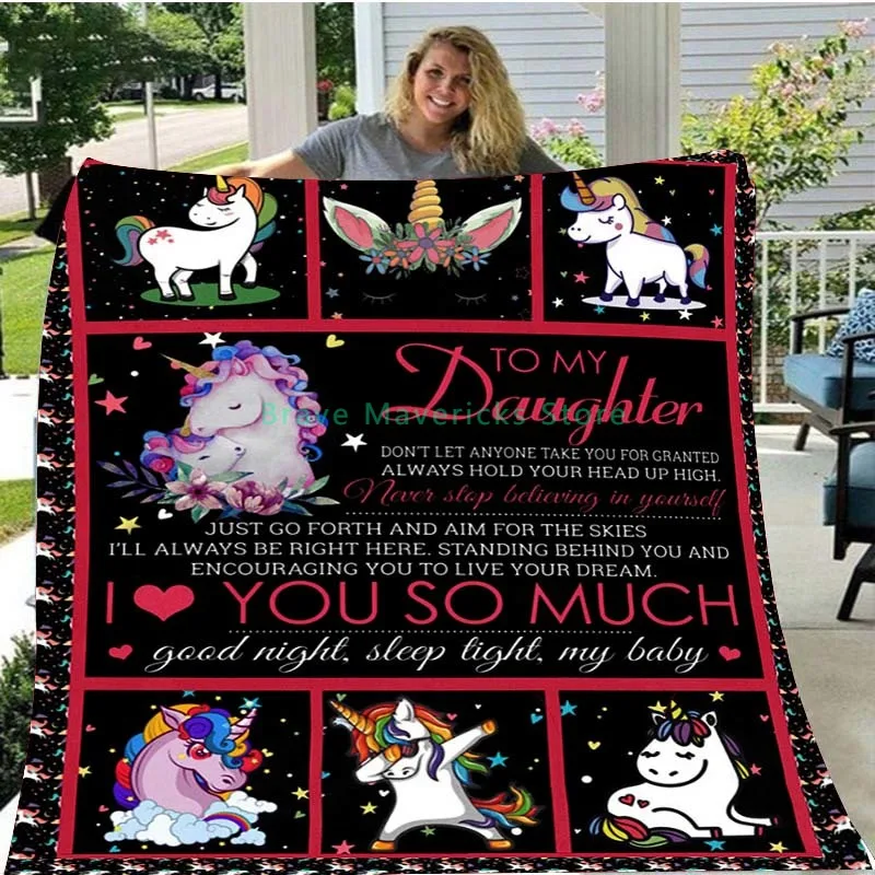

To My Daughter From Mom Letter Unicorn Printed Quilts Fleece Blankets Birthday Gifts Valentine's Day Holiday Throw Blankets