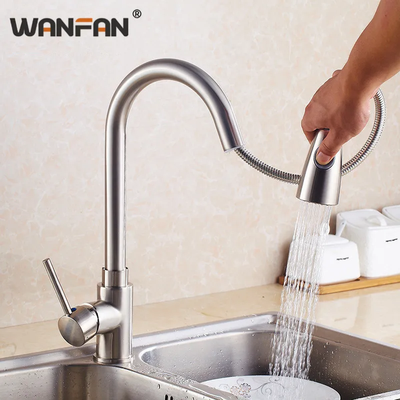 

Kitchen Faucets Brushed Nickel Single Handle Pull Out Kitchen Tap Single Hole Handle Swivel 360 Degree Water Mixer Tap N22-036