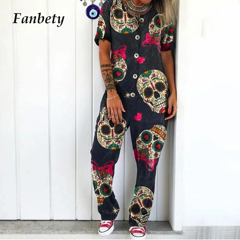 

Women Casual Cartoon Skull Print Jumpsuit 2021 Spring Summer Vintage Button Loose Overalls Bodysuit Short Sleeve Romper Playsuit