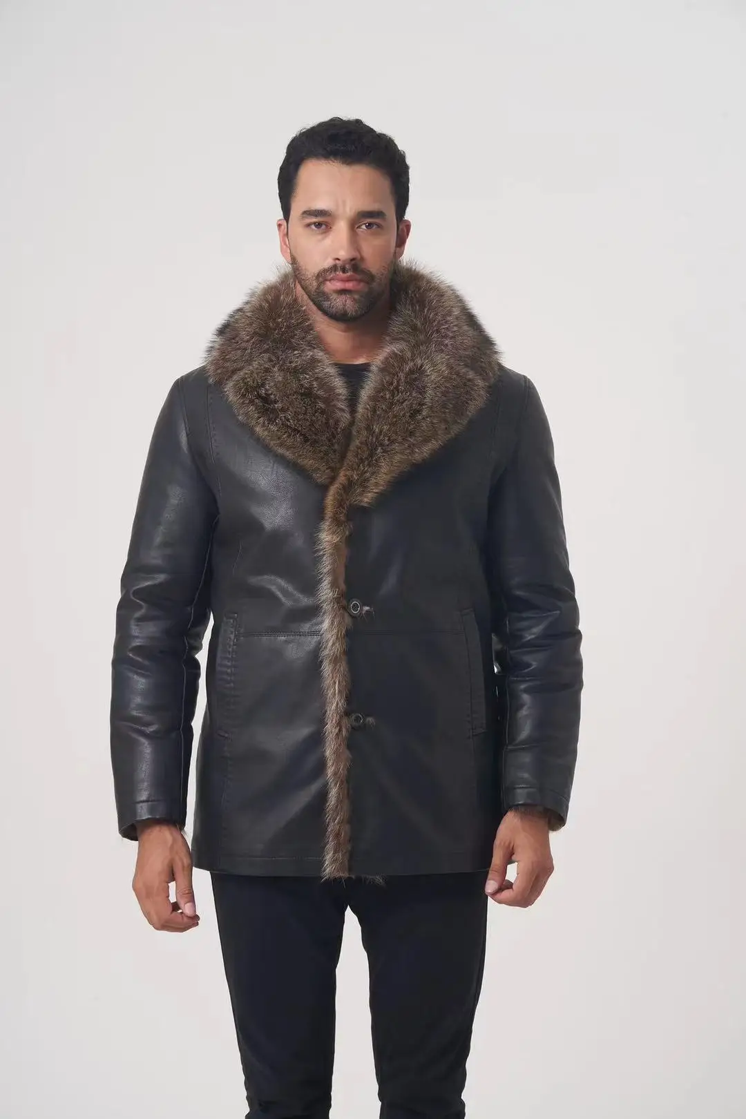 

2021 New Men's Winter Coat With Raccoon Dog Fur Collar With Real Fur Lining High Quality Men's Formal Brand Apparel OGMANDO103