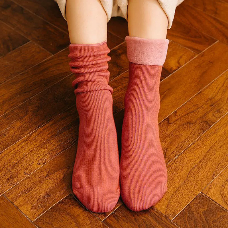 

CA080 5Pairs/Pack Solid Cotton Socks Warm Winter Plus Cashmere Flanging Snow Socks Women Casual Harajuku