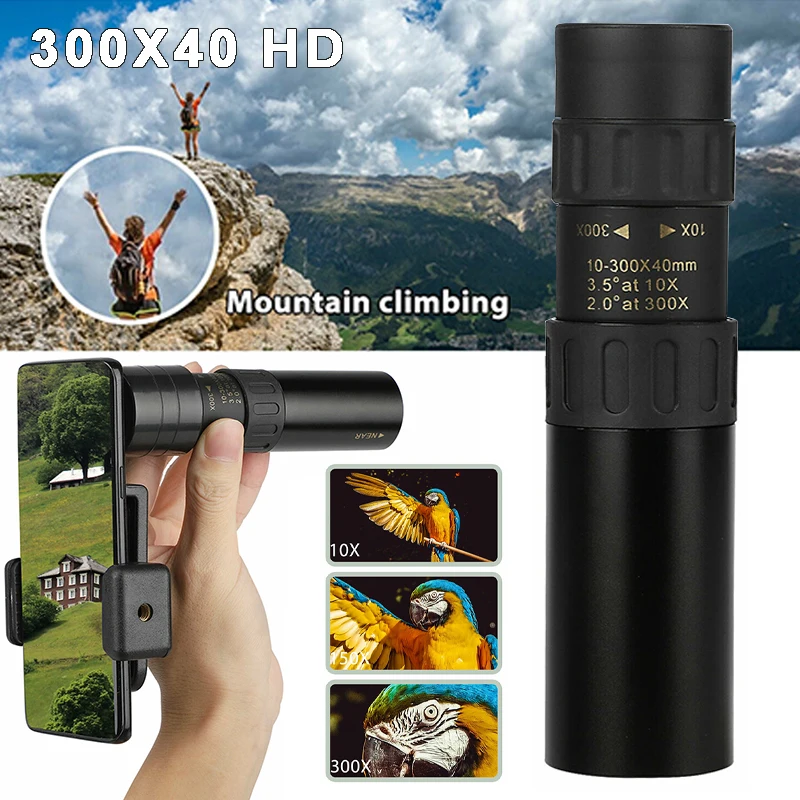 

10-300x40 Mobile Phone Monocular Telescope Zoom Lens Spotting Binoculars For Hunting Fishing With Tripod Camera Telescope