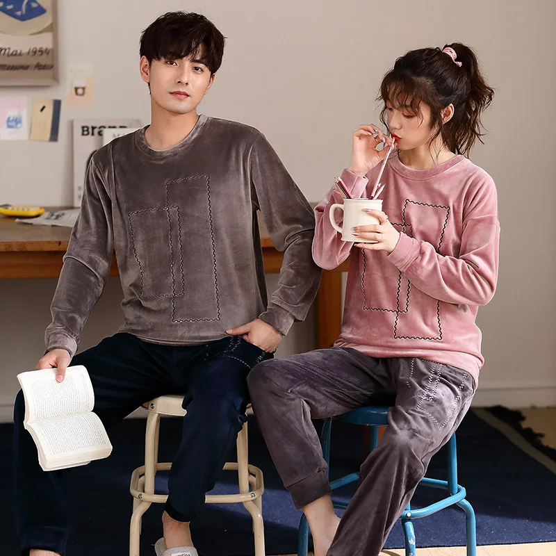 Couple Pajamas Flannel Thickened Warmth Autumn Winter Round Neck Ladies Casual Sleep Wear Men's Lounge Suits Clothes for Women