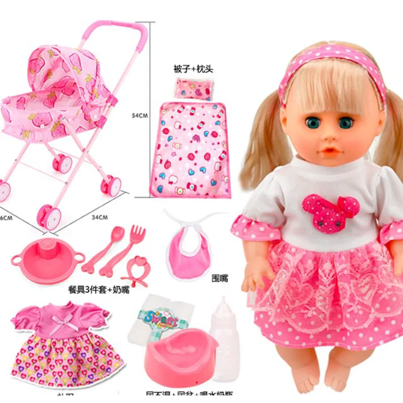 

Pink Trolley Baby reborn talking doll with Stroller Foldable Pushchair Nursery infant newborn Dolls for children birthday gift