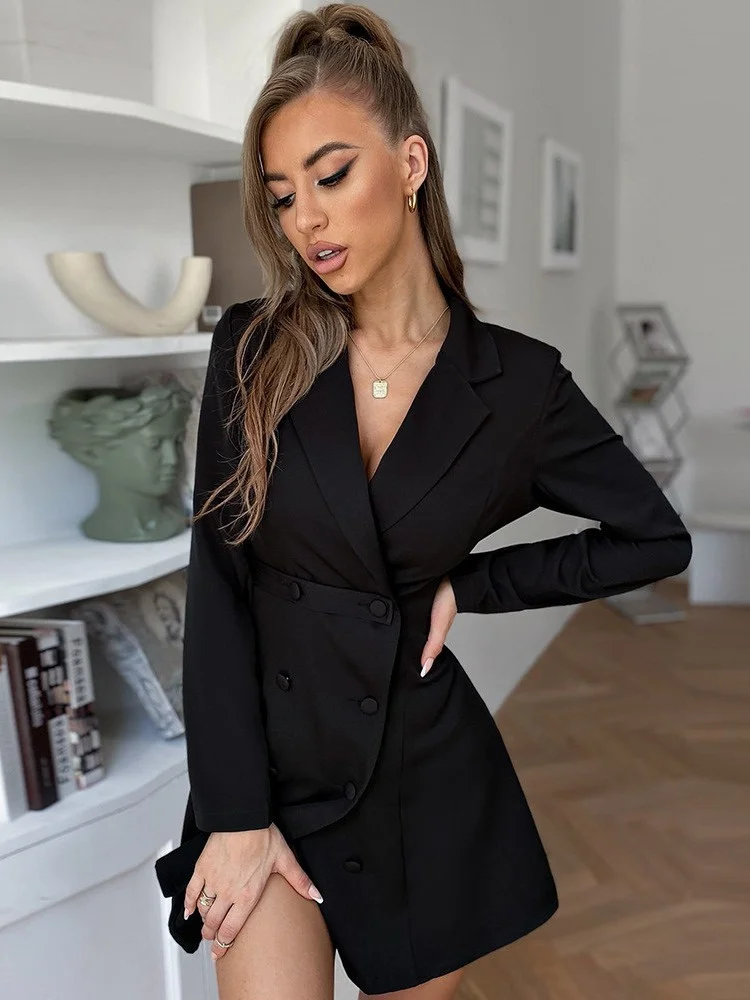 

DGIRL Double Breasted Wrap Blazer Dress Women Winter Long Sleeves Patchwork Irregular Suits Coat Female Office Ladies Clothing