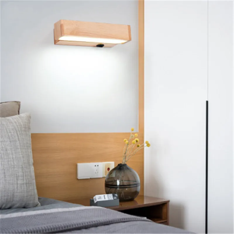 

Asian Style Wooden Bedroom Bedside LED Wall Light Modern Minimalist Living Room Creative Mirror Corridor Rotating Wall Sconce AC
