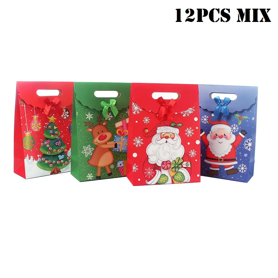 A 12pcs mix 12 шт./компл. ярко-красного цвета с рисунком Санта Клауса, большие сумки, Reutilizables Веселый Рождественский подарок сумки Бумага рождественские конфеты сумка с ручками - Цвет: A 12pcs mix