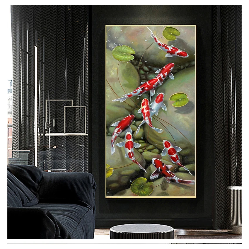 Картина маслом на холсте с девятью красными рыбками кои Стильная современная
