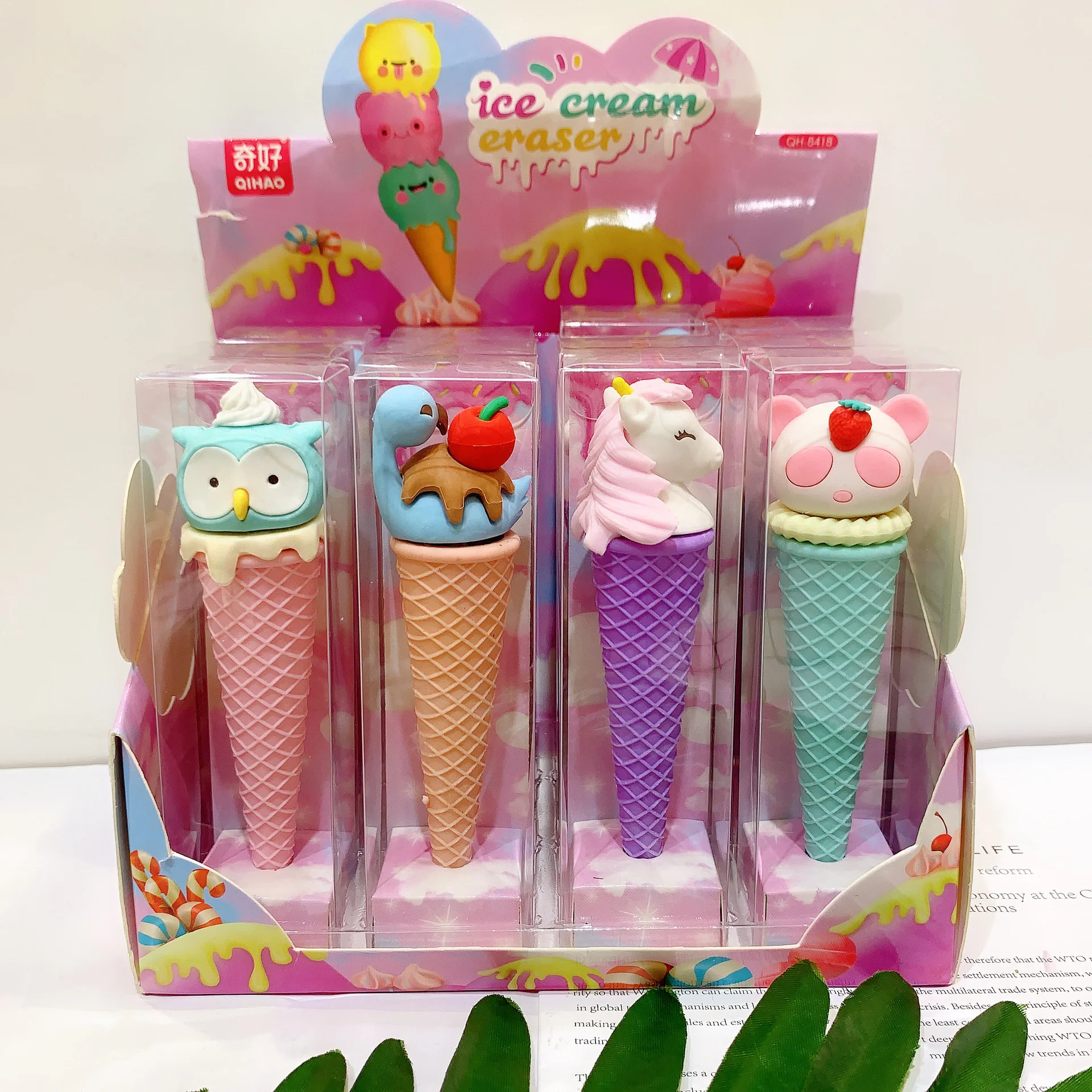 

12pcs/lot Ice Cream Shape Stationery Wholesale Unicorn Kawaii Eraser Durable Cartoon Animal For Student School Supplies