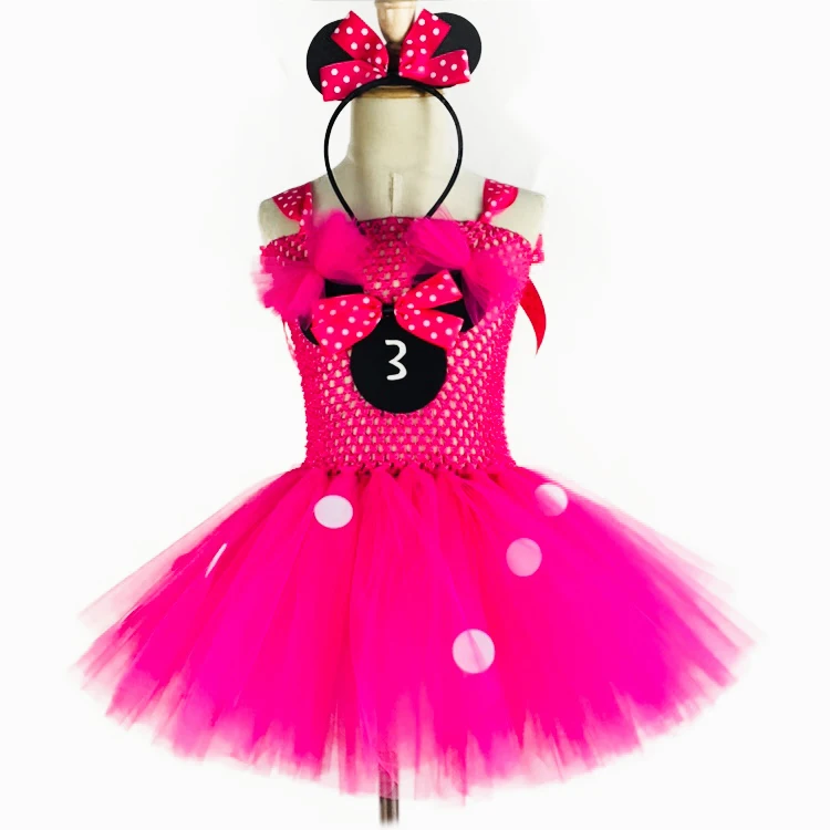 Lovely Baby Pink Mickey Cartoon Tutu Dress Girls Crochet with White Dots and Hairbow Children Birthday Party Costume | Детская одежда и