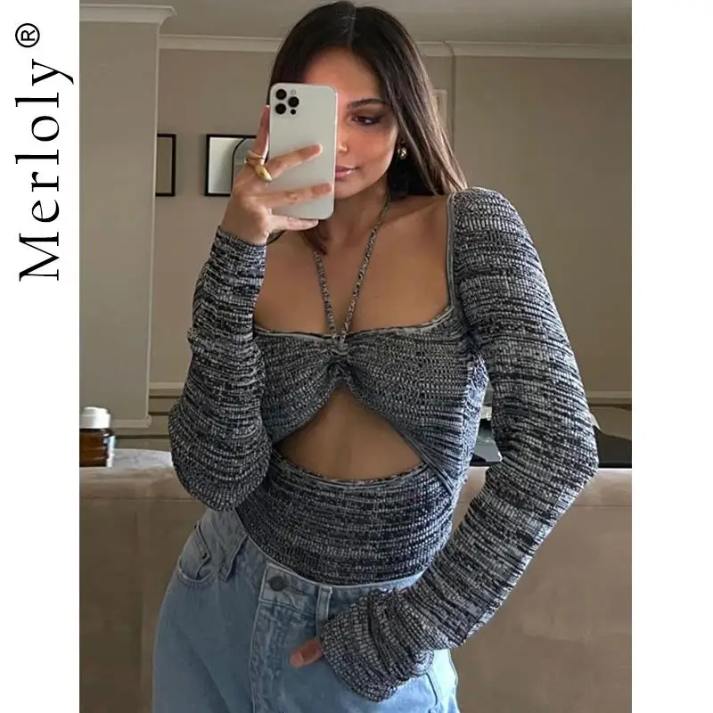

Women's Halter Neck Bandage Long Sleeve Slim Fitting T-shirt Sexy Cut Out Cute Basic Tops 2021 Fall Korean Fashion Y2K Clothes