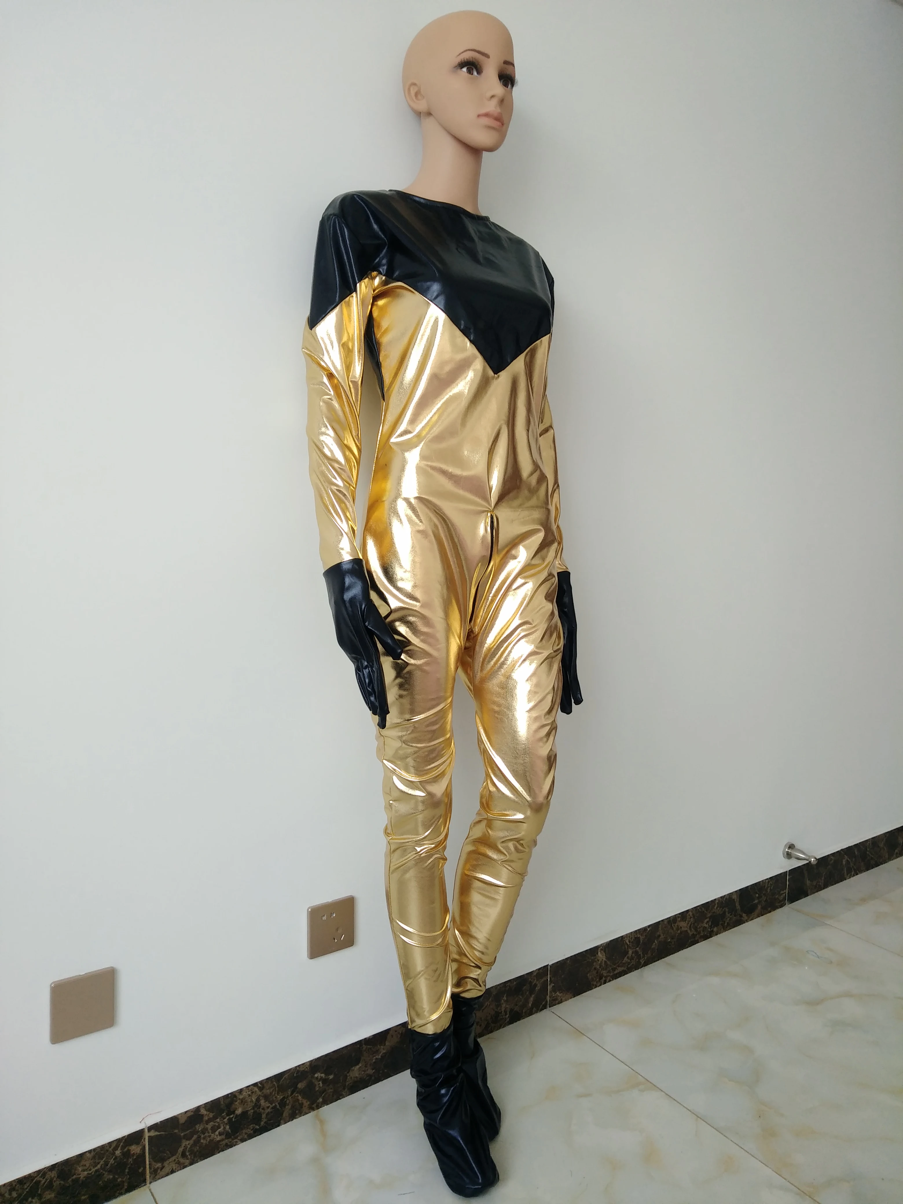 Соблазнительный черный с золотым цветом высококачественный металлик Zentai Catsuit