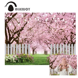 Allenjoy Spring Cherry Blossom Backdrop Photography Fence Tree Photo Background Props For Photography Wedding Easter Wallpapers
