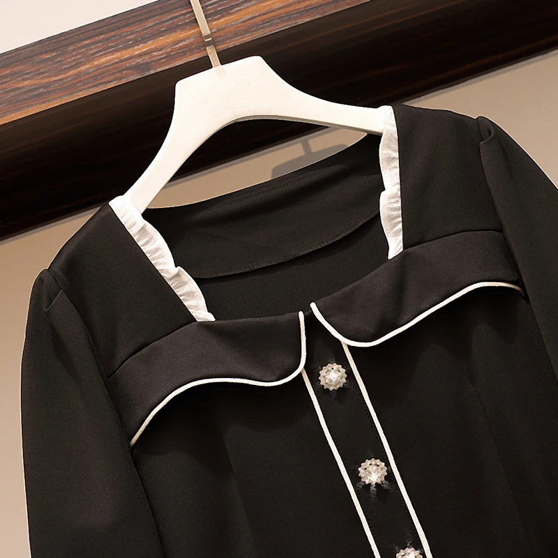 

plus size women dress vestido 2020 elegant vintage long sleeve patchwork button black dress casual A line autumn winter dress