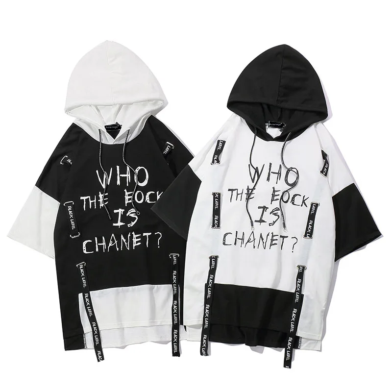 

Hip Hop T Shirt Men Block Ribbons Hooded Men's Tops Tees Tshirts Short Sleeve T Shirt Casual High Street Streetwear Print Letter