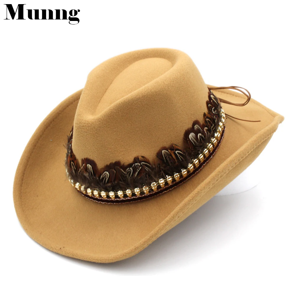 

Munng Unisex Wool Blend Wide Upturn Brim Western Cowboy Hat Jazz Sombrero Church Cowgirl Cap Feather Band