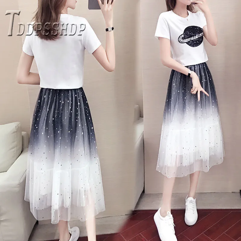 2019 Summer Women Sets Planet T Shirt and Pleated Skirt Female |