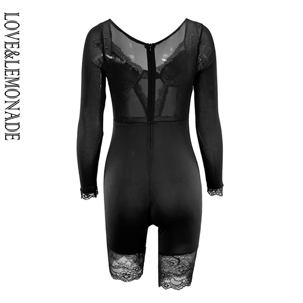 

LOVE & LEMONADE Sexy V-Neck Lace Screen Stitching Long Sleeve Bodycon Playsuit LM90255