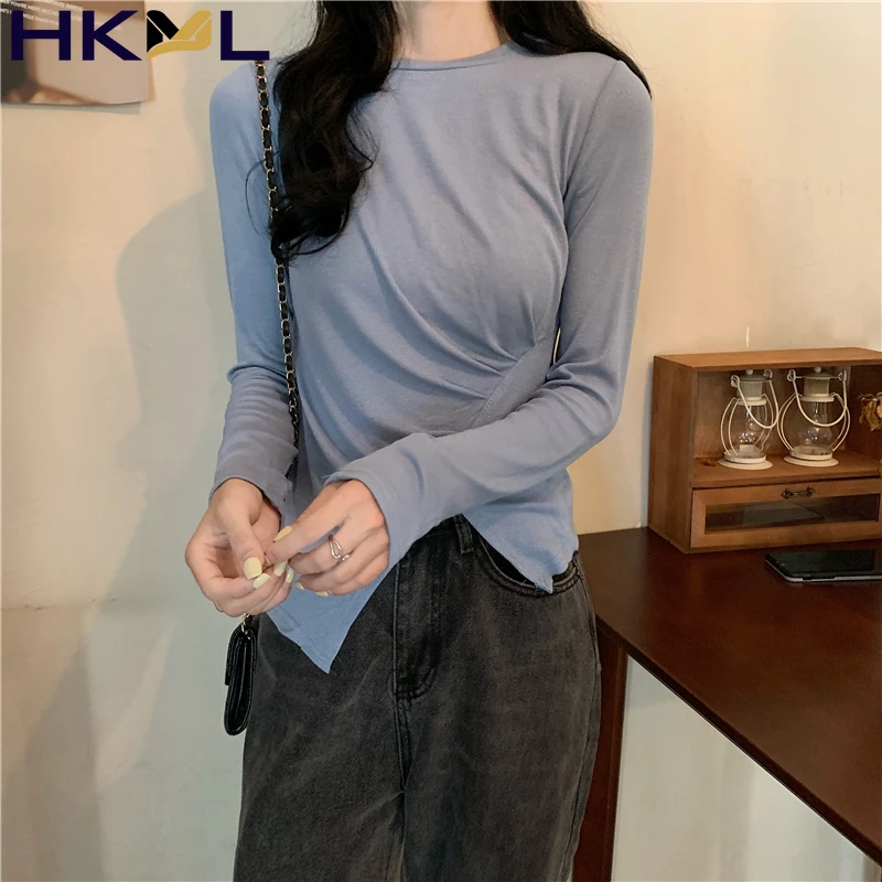 

Women Tops Solid Color Long Sleeve Irregular Split Pleated O Neck Casual Sexy Wild Autumn 2021