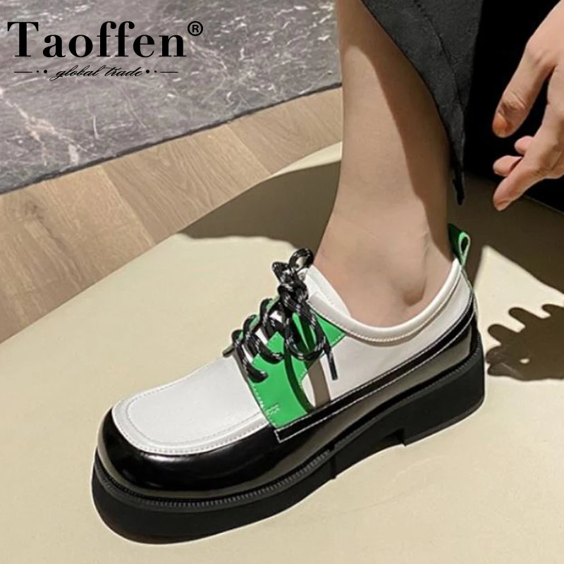 

Taoffen/2022; Женские туфли-лодочки из натуральной кожи; Модные разноцветные туфли на низком каблуке со шнуровкой; Женская обувь на плоской подош...