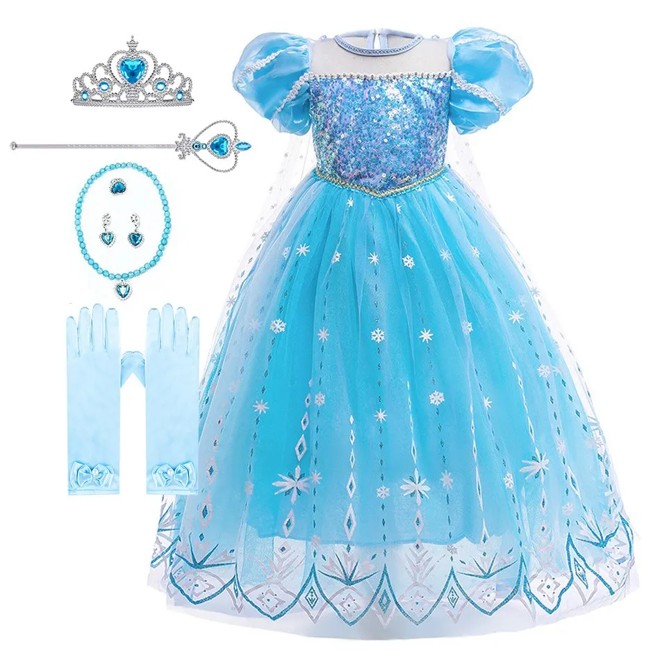 

2022 New Children Elsa Costume Kids Princess Party Clothes Little Girls Summer Carnival Snowflake Dress Pageant Sequins Vestidos