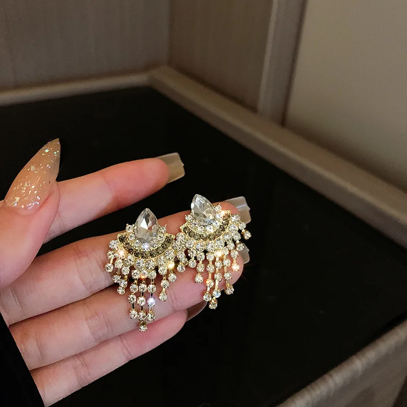 

925 Silver Needle Shiny Full Rhinestone Tassel Drop Earrings Korean Fashion Temperament Super Fairy Earring Wedding Jewelry Gift