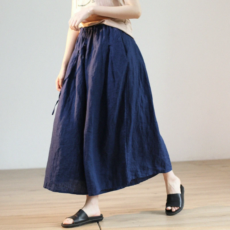 

Summer Women Elastic Waist Vintage Cottagecore Comfortable Natural Fabric Skin Friendly Water Washed Linen Skorts Wide Leg Pants