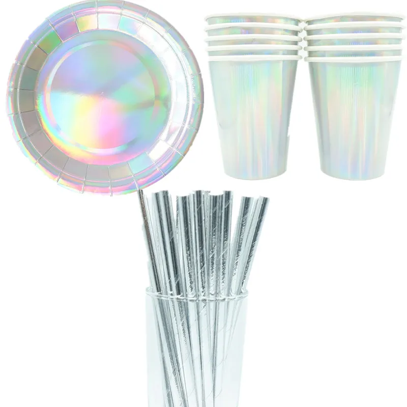 Набор одноразовой посуды из серебристой фольги бумажные тарелки чашки соломинки